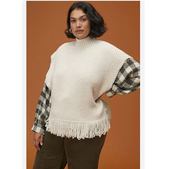 Anthropologie Sweaters - Anthropologie Fringed Mock Neck Ivory Sleeveless Sweater Vest Size Large